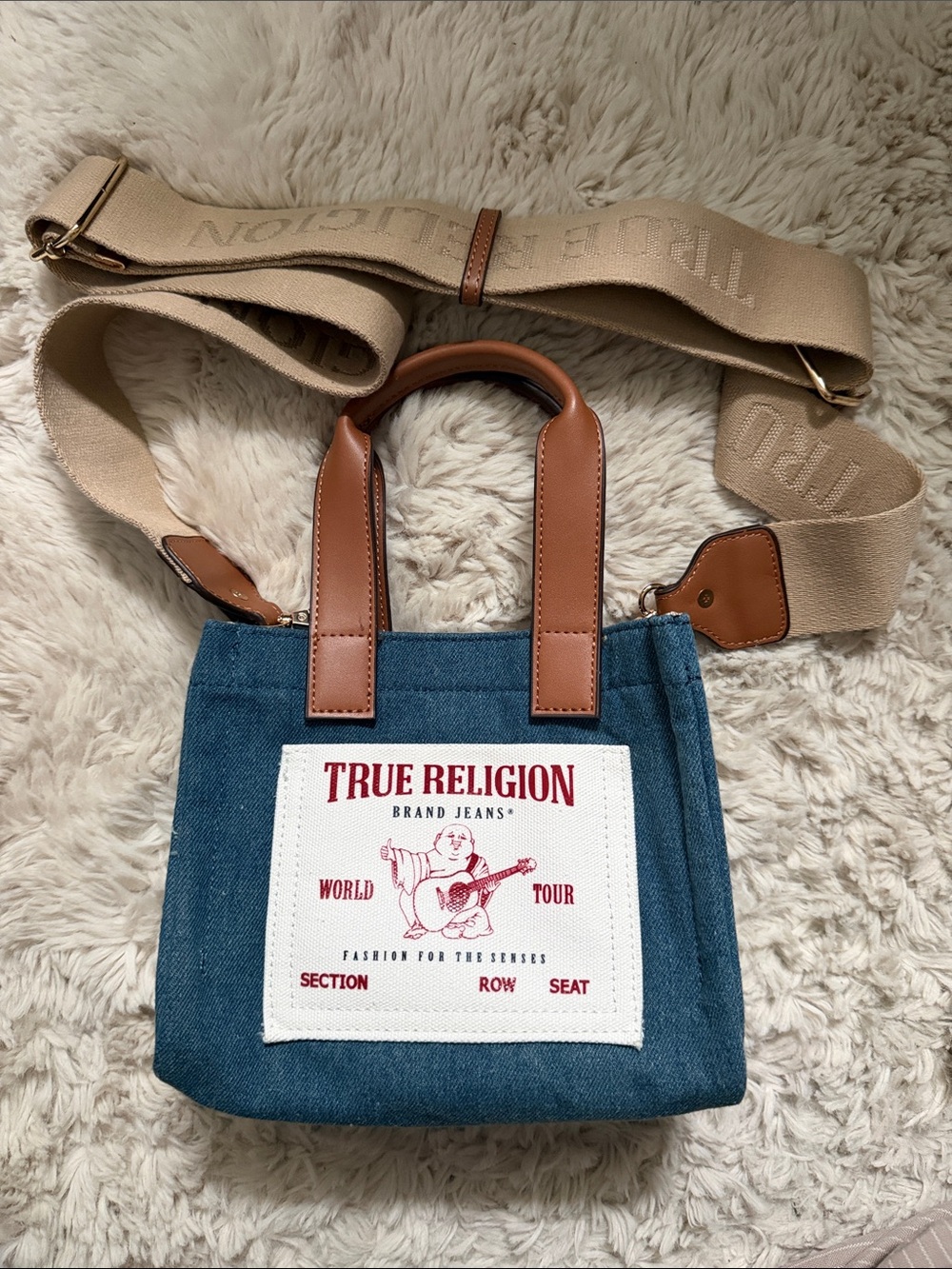 True Religion Denim Mini Tote Bag with Tan Trim